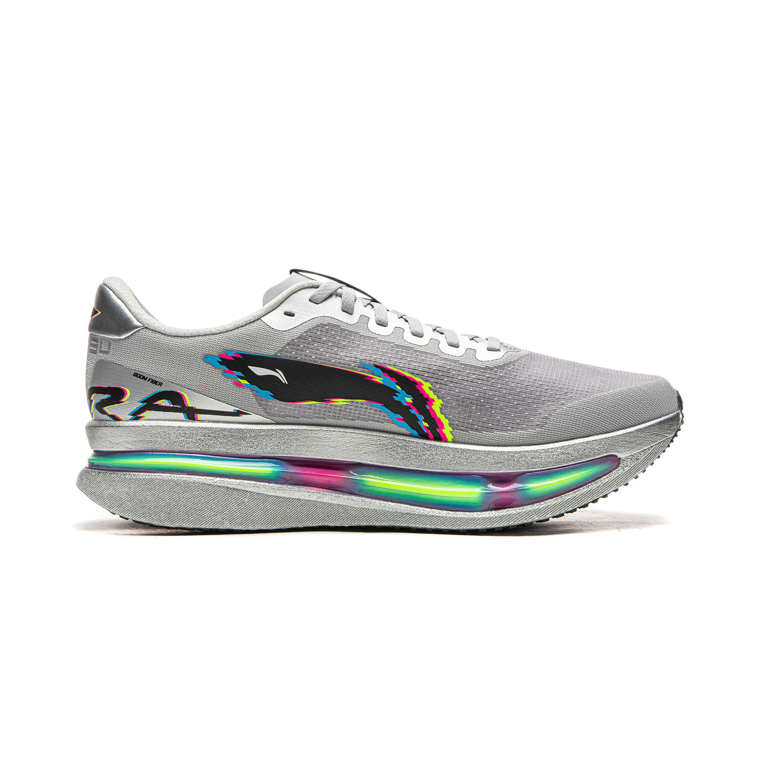 crystal gray running shoes, side view with rainbow midsole and lace-up front