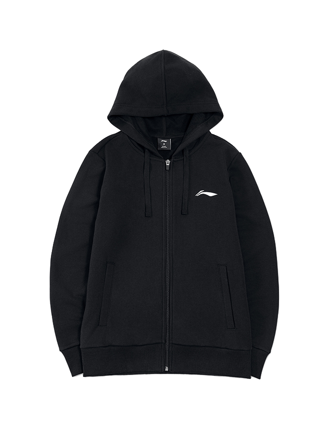 Black zip-up hooded sweatshirt with drawstring and front kangaroo pockets, full-length sleeves