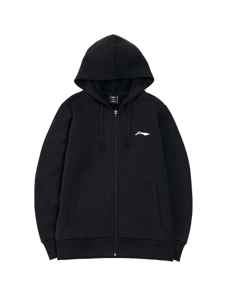 Black zip-up hooded sweatshirt with drawstring and front kangaroo pockets, full-length sleeves