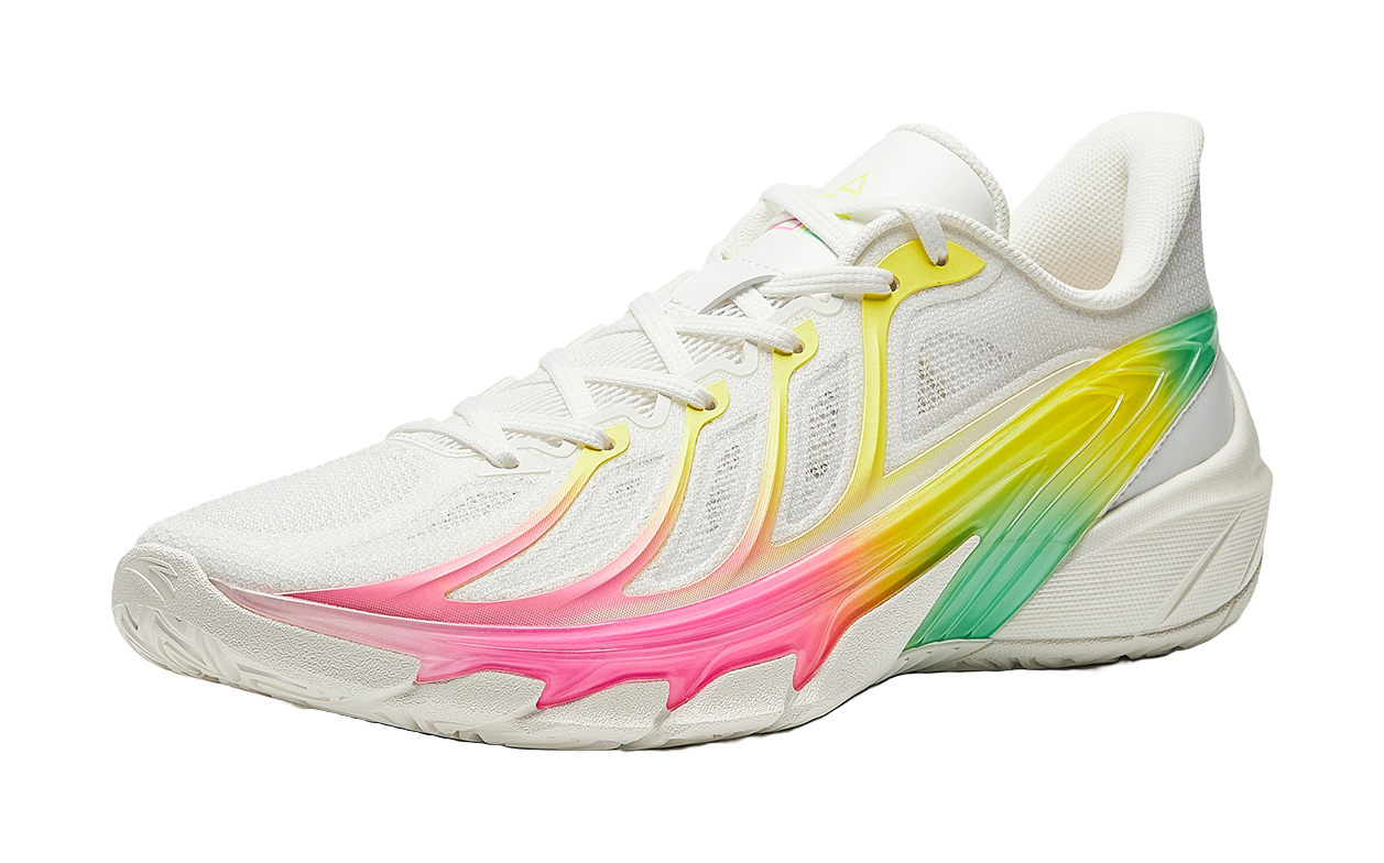 Men's low-top basketball shoes, white mesh with lace-up; neon pink, lime, yellow side panels.