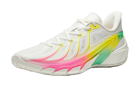 Men's low-top basketball shoes, white mesh with lace-up; neon pink, lime, yellow side panels.