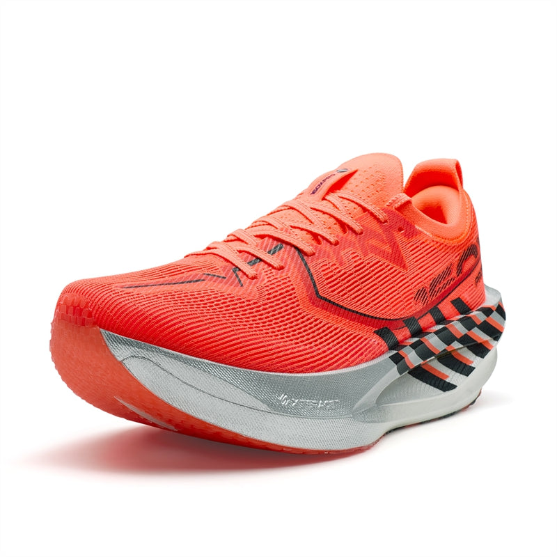 Marathon racing shoe with orange upper, black-and-gray check stripe, and light grey sole