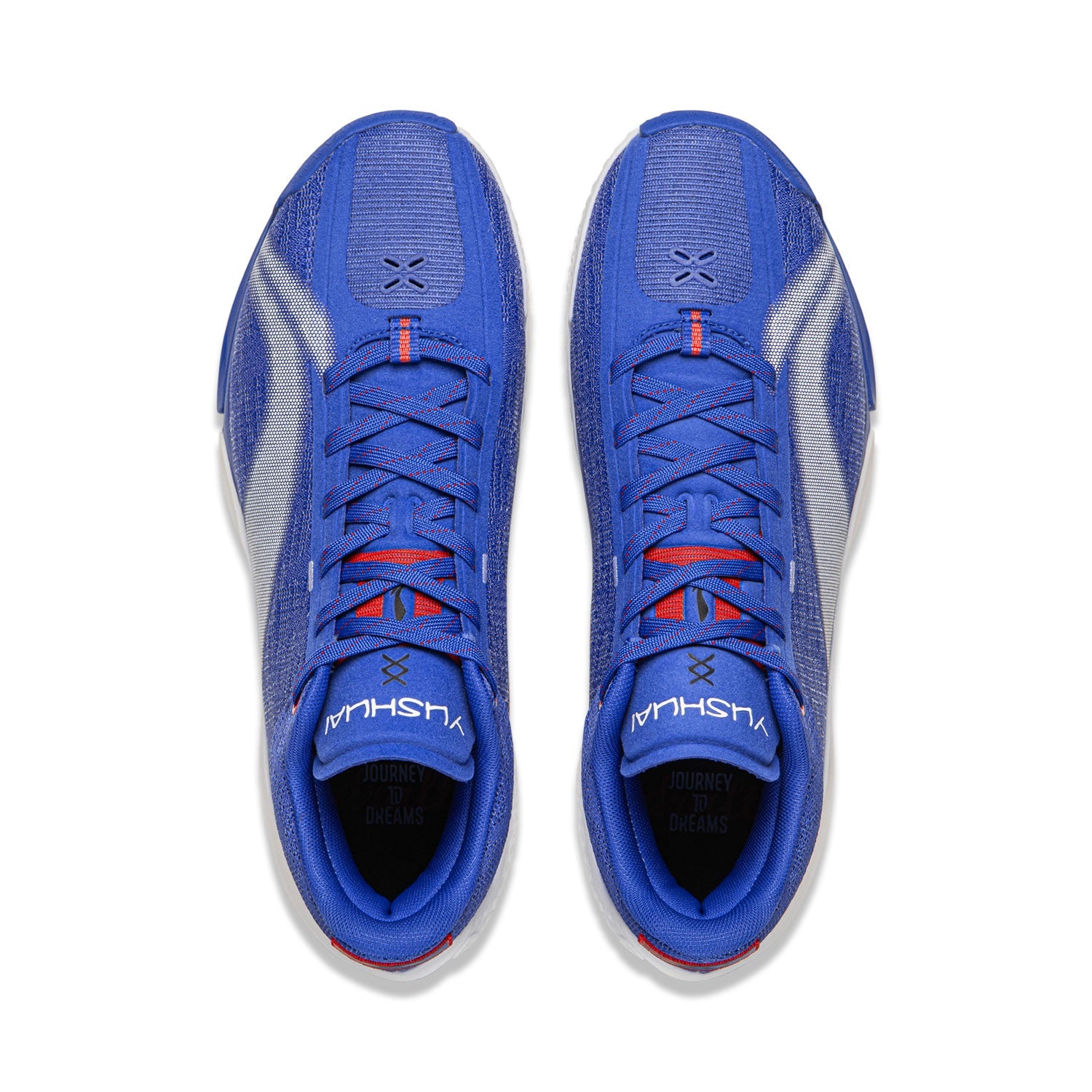 Pair of blue basketball shoes, lace-up uppers, black and red branding on tongue