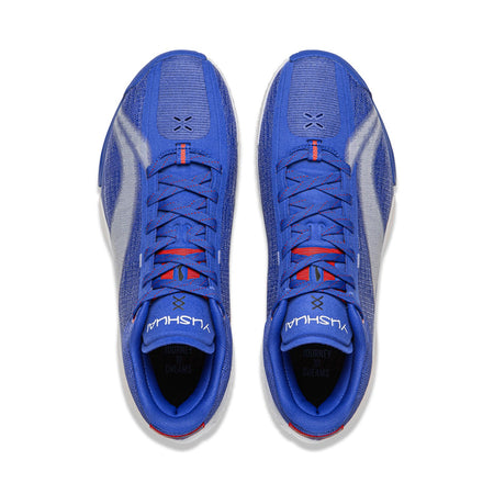 Pair of blue basketball shoes, lace-up uppers, black and red branding on tongue