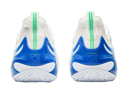 White and blue basketball shoes, rear view with green pull tabs and tread