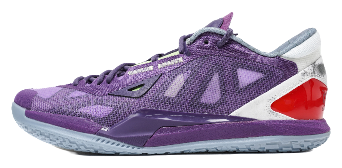 Purple lace-up basketball shoes with knit upper, white side panel, red heel detail