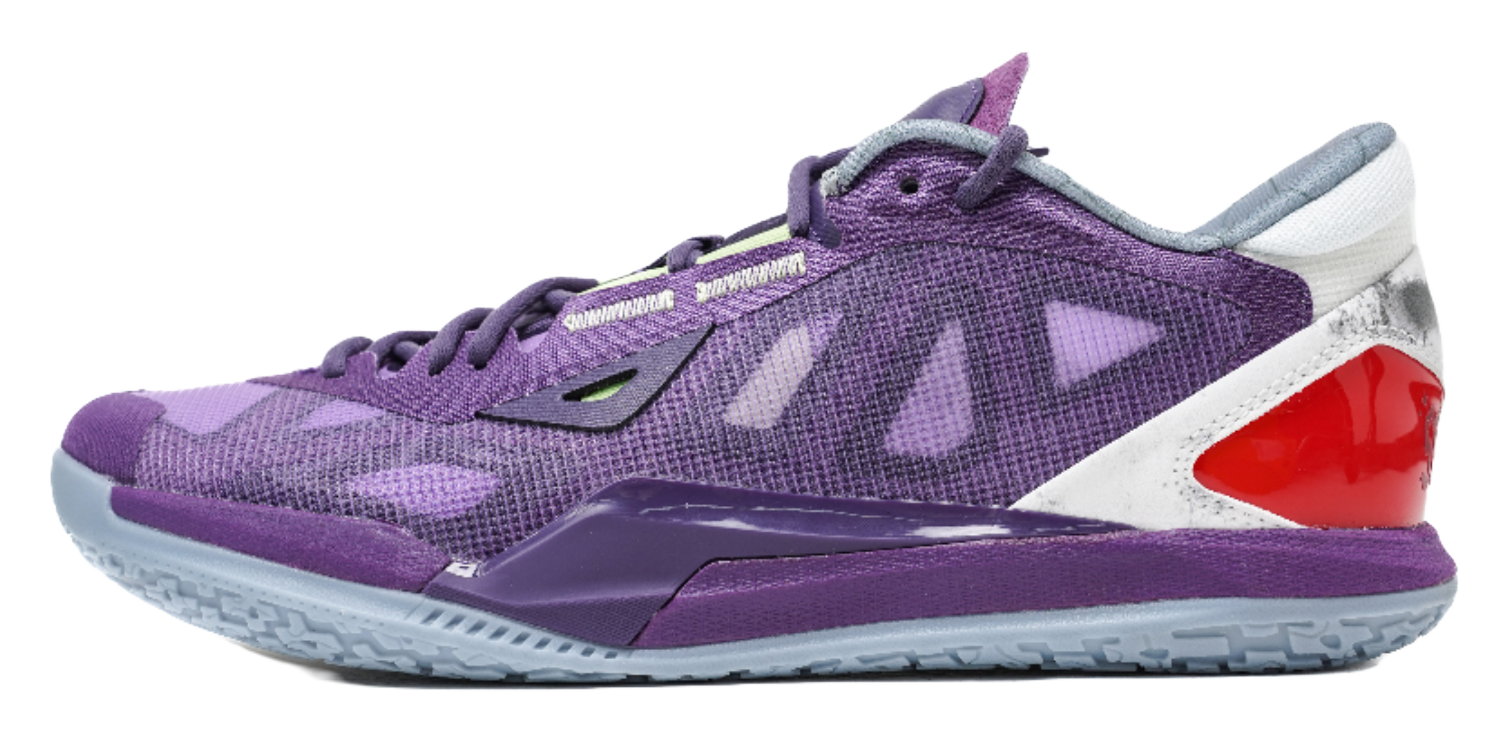 Purple lace-up basketball shoes with knit upper, white side panel, red heel detail