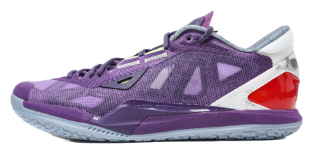 Purple lace-up basketball shoes with knit upper, white side panel, red heel detail