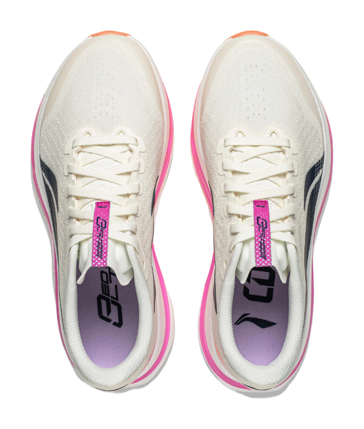Pair of women's low-top running shoes with white laces, purple tongue labels, pink trim