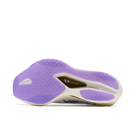Running shoe outsole, purple tread with central cutout and XTEP branding panel