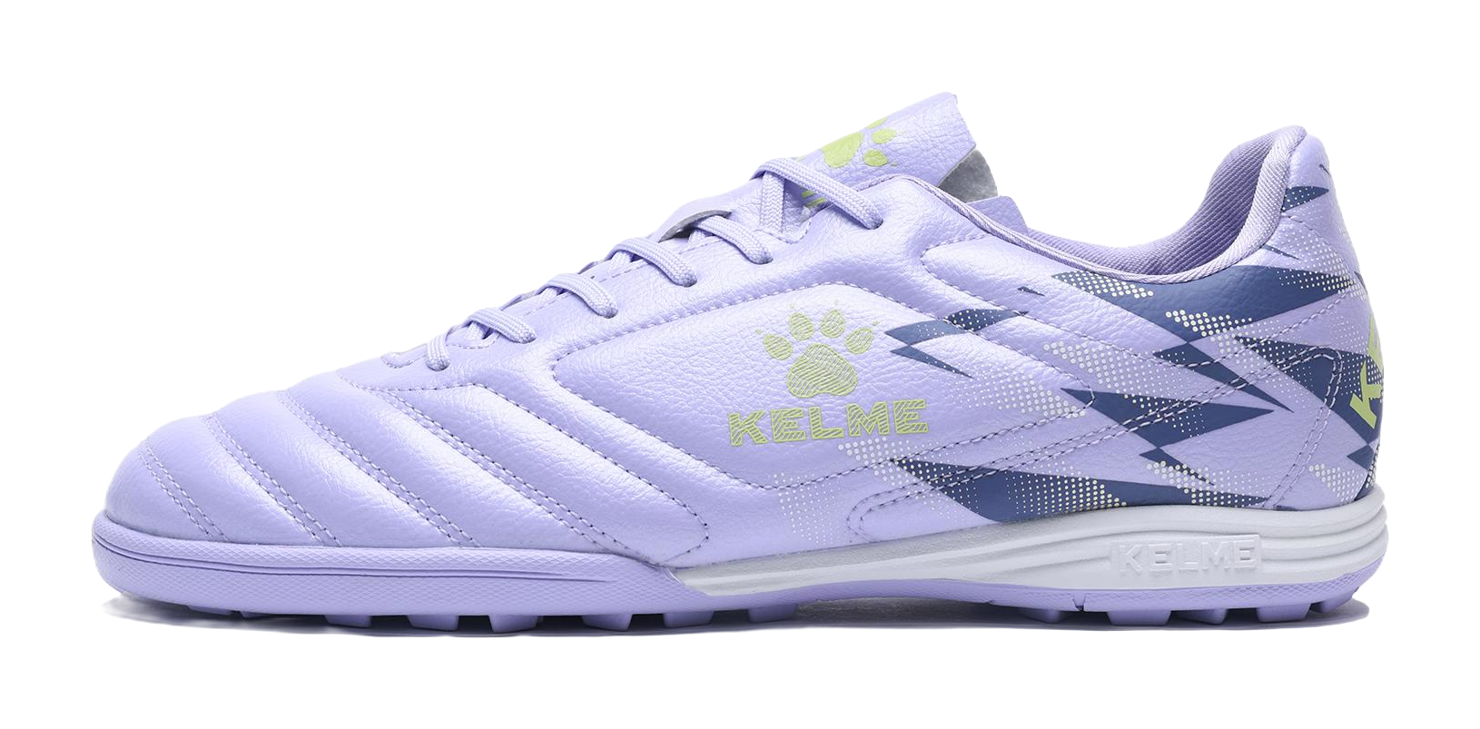 Lilac purple unisex TF turf soccer shoes with lace-up design and side graphic