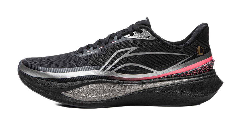 Black lace-up running shoe with mesh upper, white logo, and pink trim