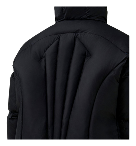 Back view black down jacket with hood and vertical quilt paneling