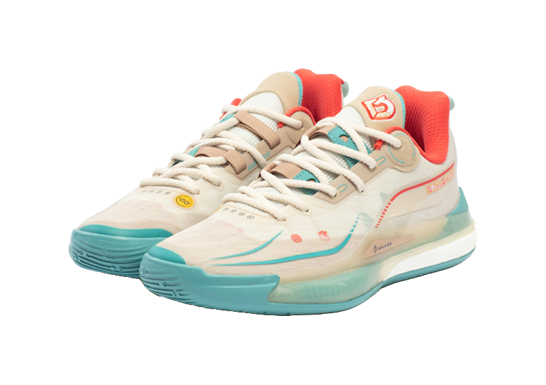 Pair view unisex basketball shoes in oat beige with red lining and teal outsole