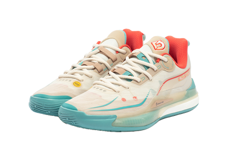 Pair view unisex basketball shoes in oat beige with red lining and teal outsole