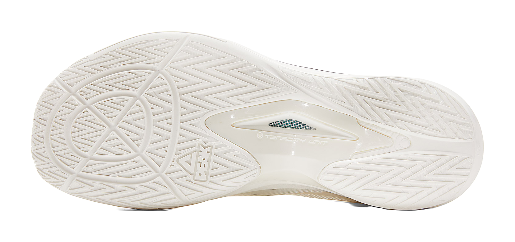 Lightweight basketball shoe outsole, off-white tread with patterned traction zones