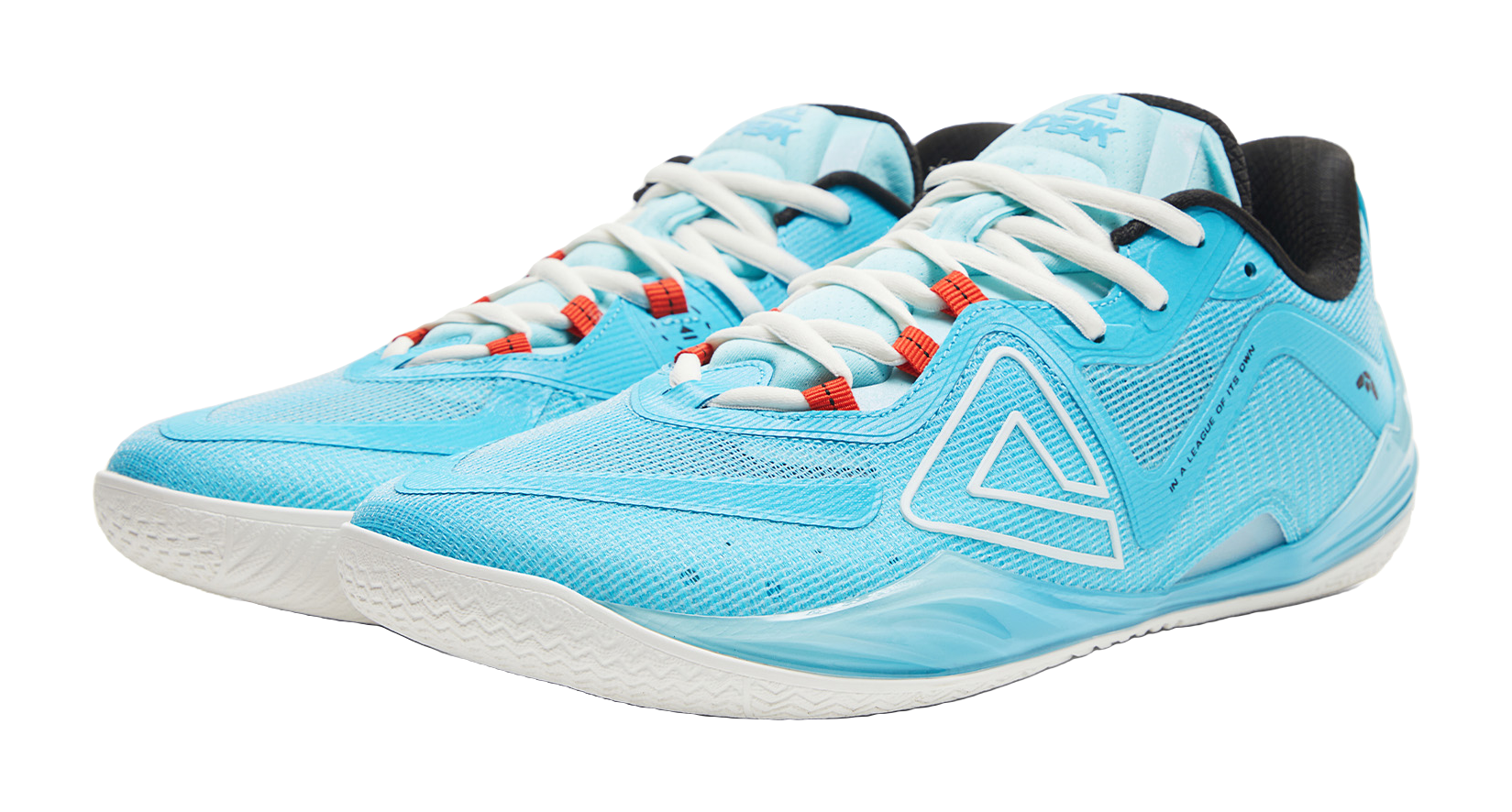 Blue basketball shoe with white laces and red accents on the tongue eyelets
