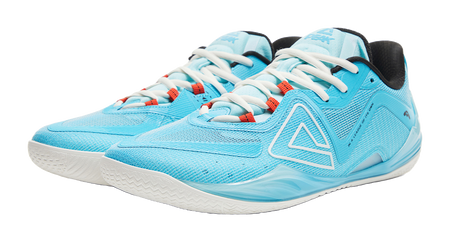 Blue basketball shoe with white laces and red accents on the tongue eyelets