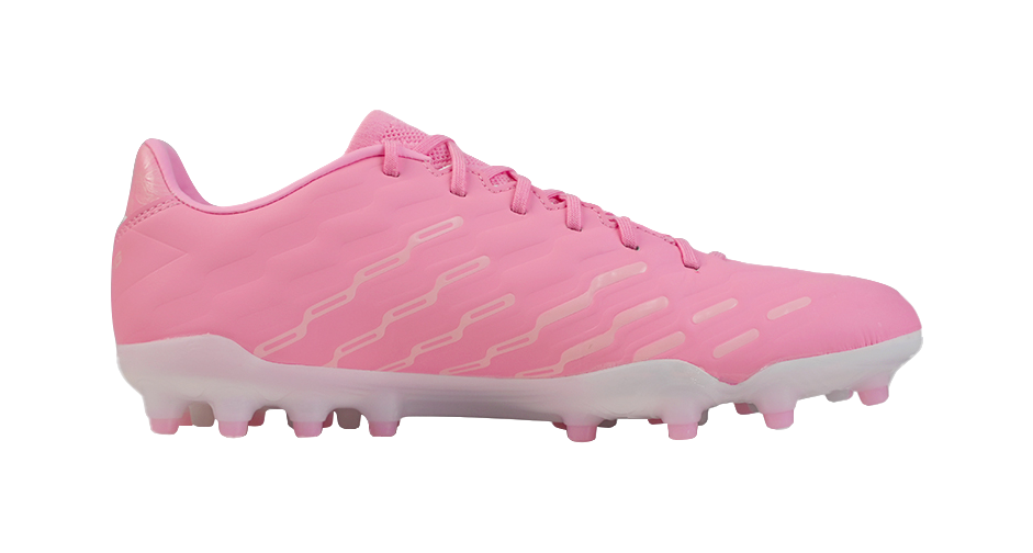 Pink soccer cleat, angled side view showing lace area and molded studs
