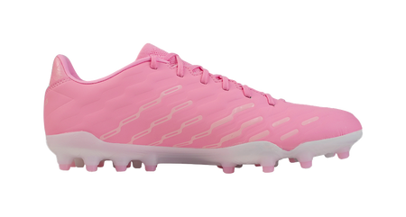 Pink soccer cleat, angled side view showing lace area and molded studs