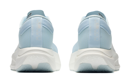 Light blue low-top running shoes, rear view with cushioned heel and molded midsole