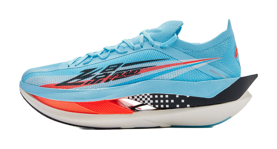 Light blue low-top lace-up running shoe with black graphics and orange outsole