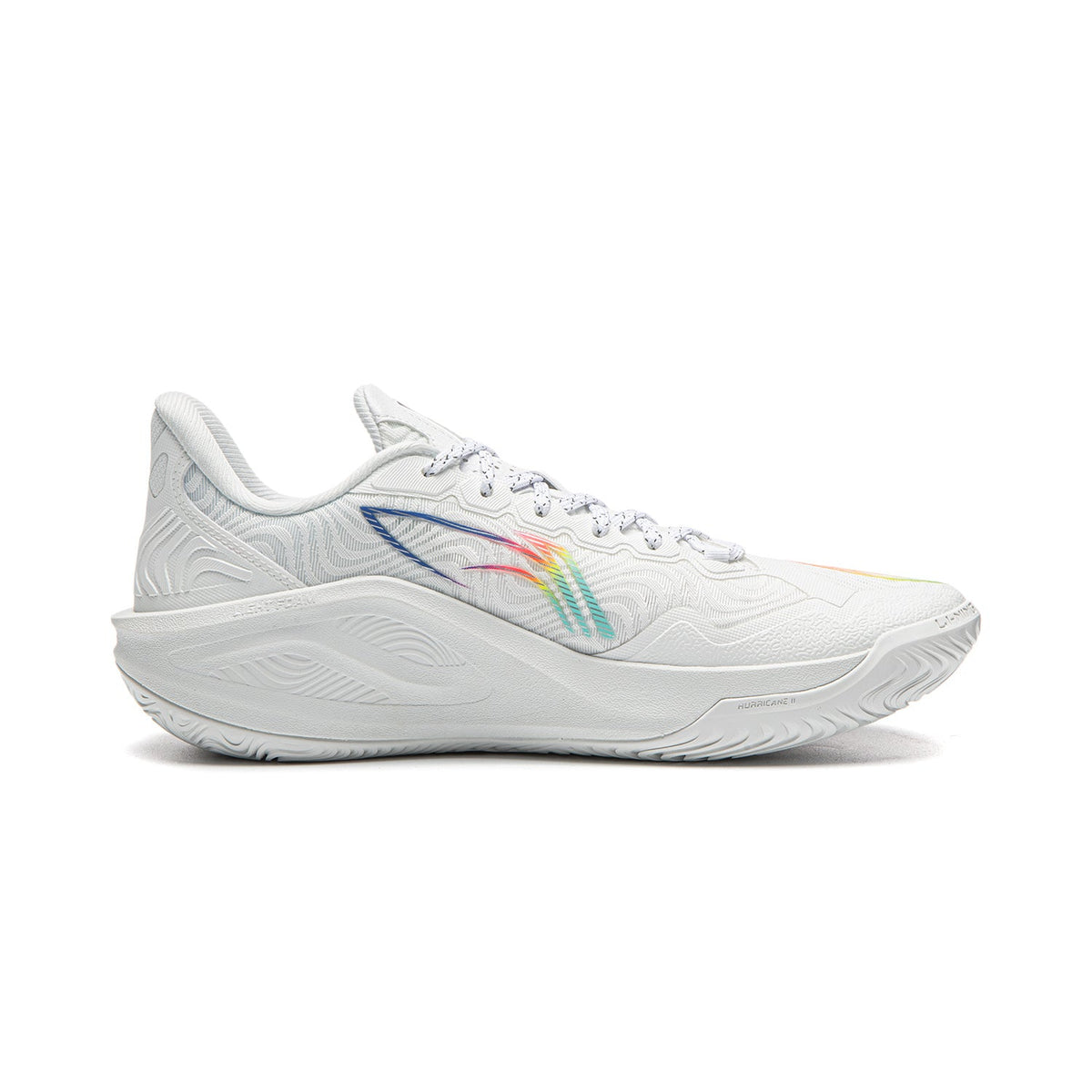 Men's white low-cut basketball shoe with rainbow stripe on side and lace-up upper
