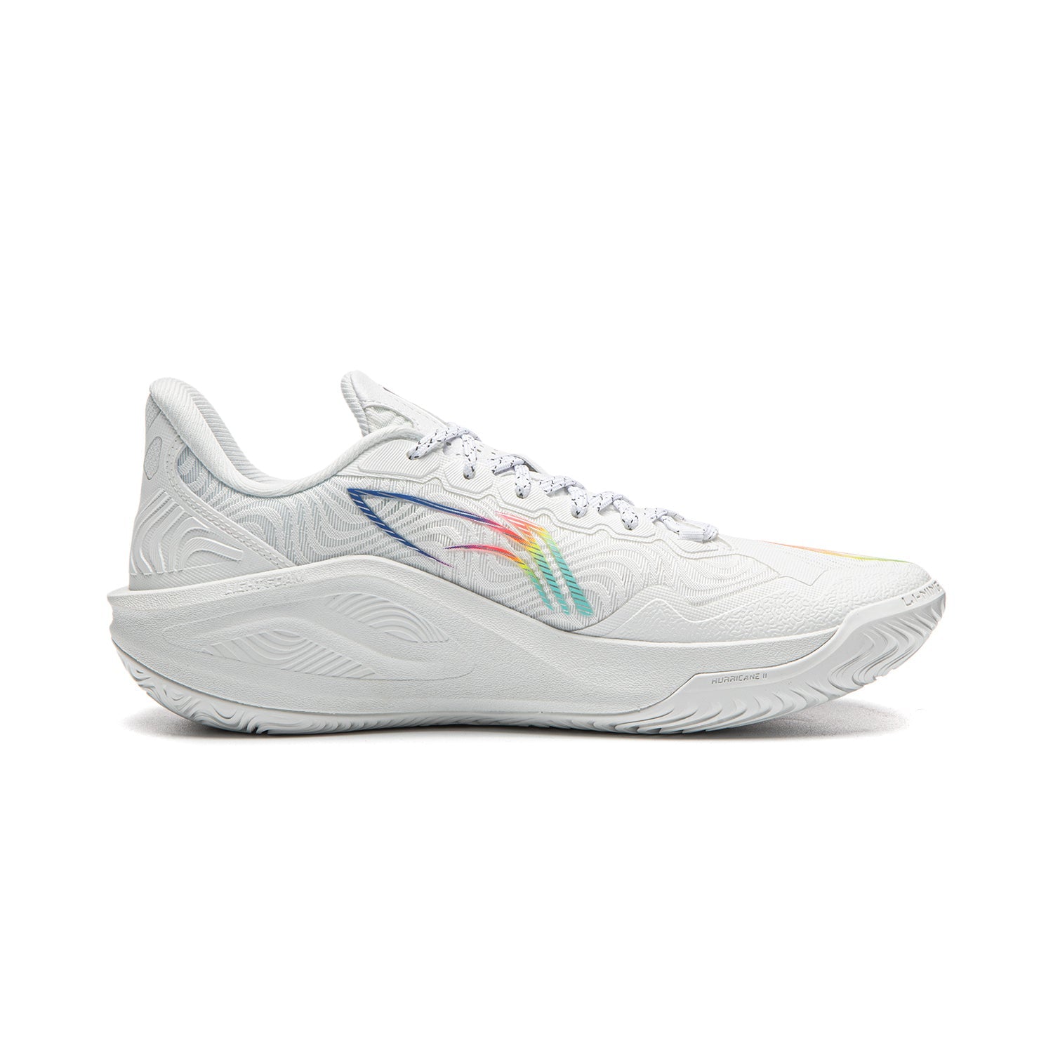 Men's white low-cut basketball shoe with rainbow stripe on side and lace-up upper