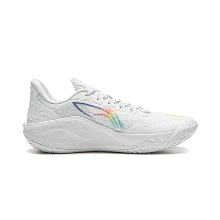 Men's white low-cut basketball shoe with rainbow stripe on side and lace-up upper