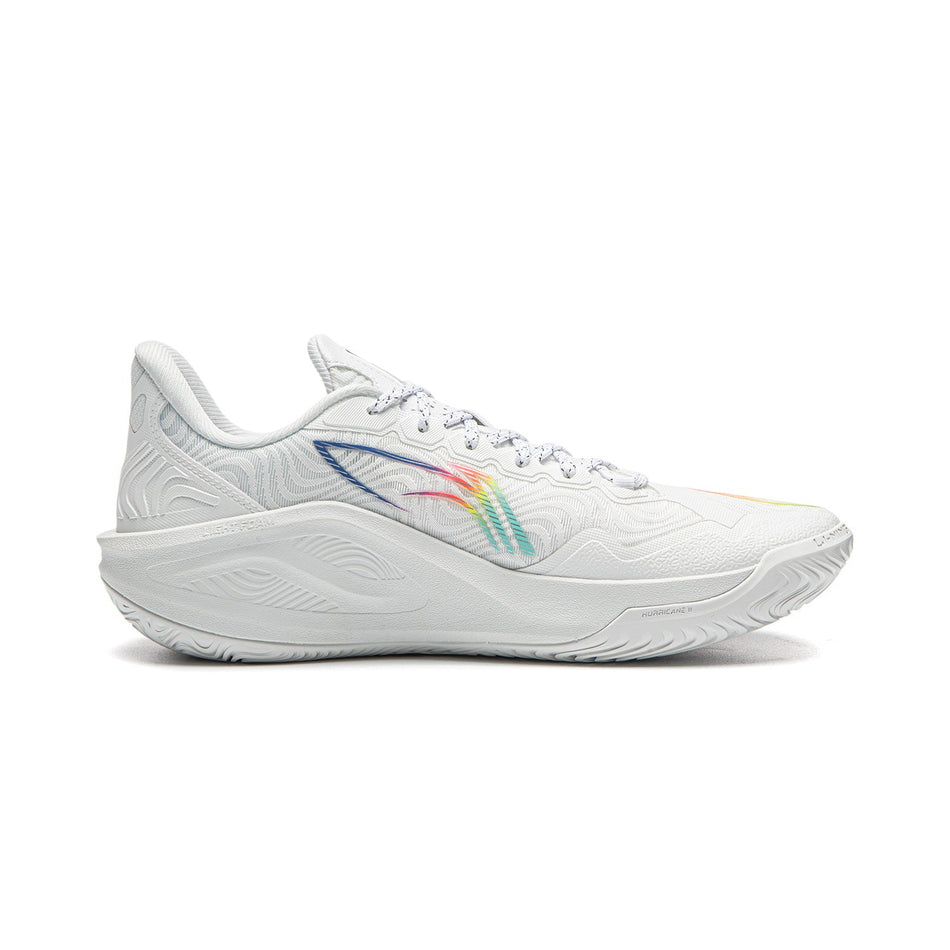 Men's white low-cut basketball shoe with rainbow stripe on side and lace-up upper