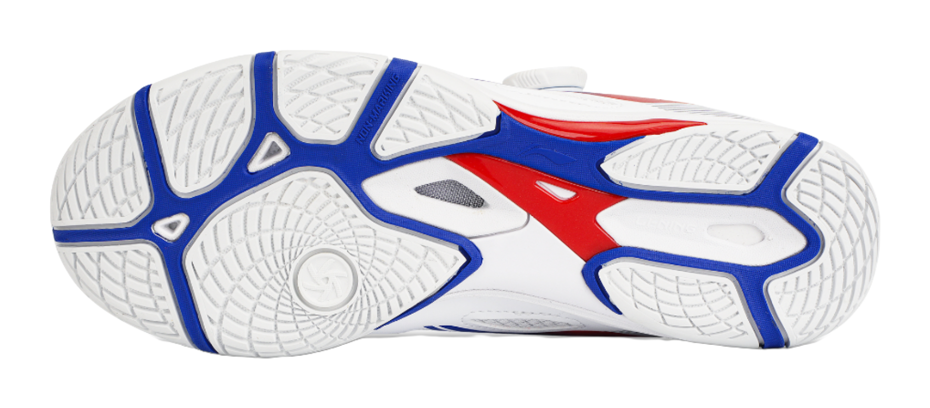 Table tennis shoe outsole with white traction pattern and blue/red side striping