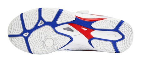 Table tennis shoe outsole with white traction pattern and blue/red side striping