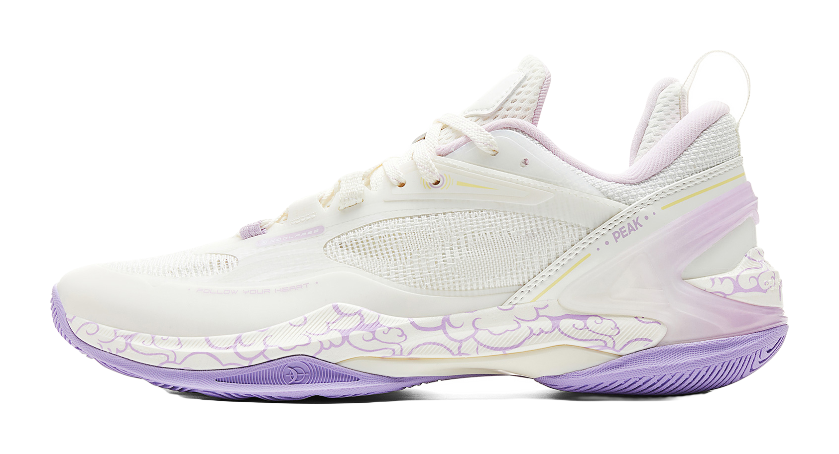 PEAK basketball shoe, white upper with purple accents and patterned sole