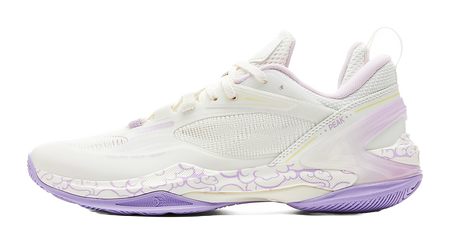 PEAK basketball shoe, white upper with purple accents and patterned sole