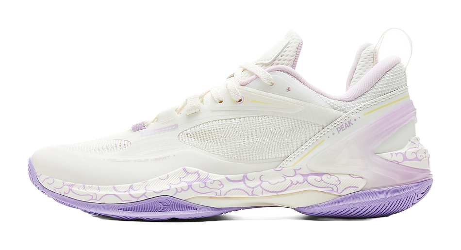 PEAK basketball shoe, white upper with purple accents and patterned sole