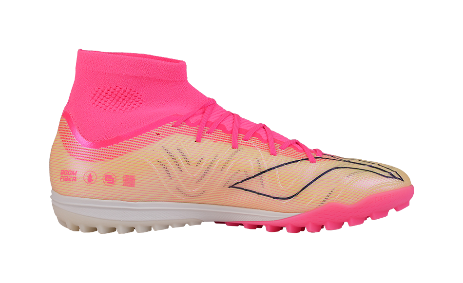 Unisex turf soccer shoe, pink sock-style upper, multicolor textured knit, molded cleats