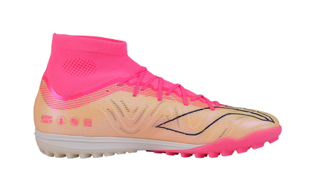 Unisex turf soccer shoe, pink sock-style upper, multicolor textured knit, molded cleats