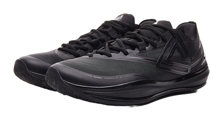 Black basketball shoe with lace-up vamp and sculpted side guard detailing.