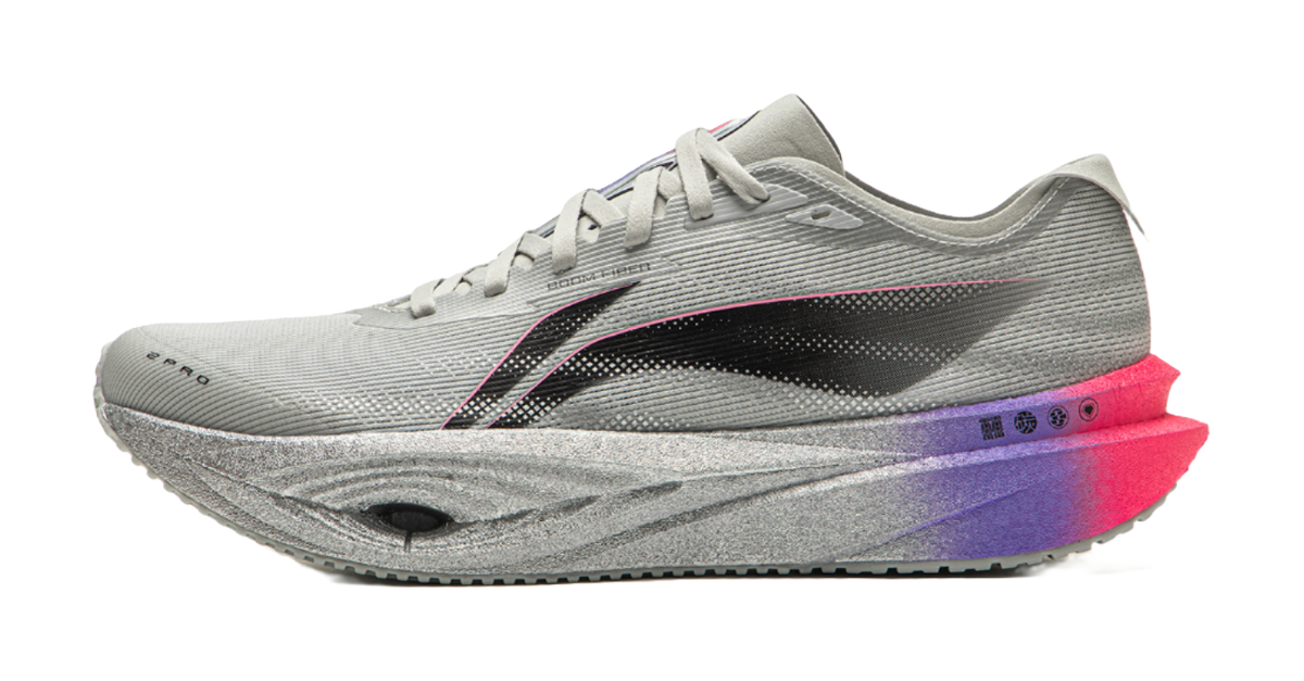 Li Ning low-top running shoes, light gray mesh upper with black side stripe and purple sole