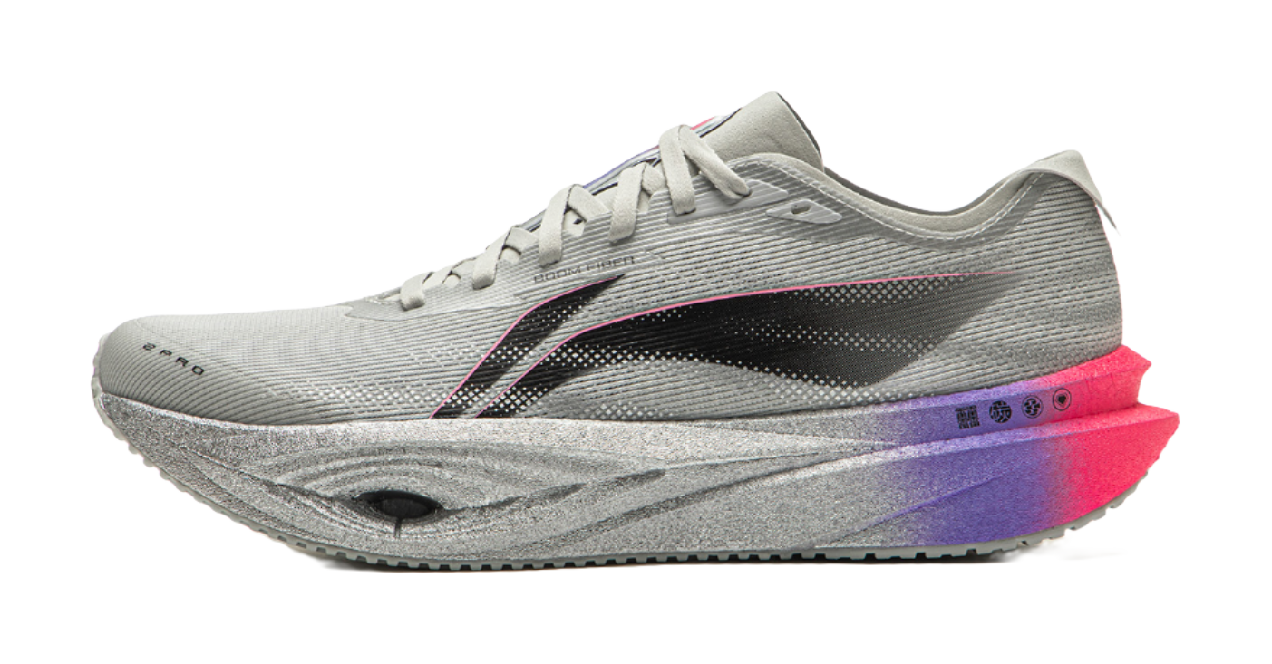 Li Ning low-top running shoes, light gray mesh upper with black side stripe and purple sole