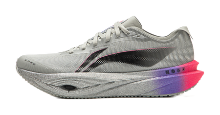 Li Ning low-top running shoes, light gray mesh upper with black side stripe and purple sole