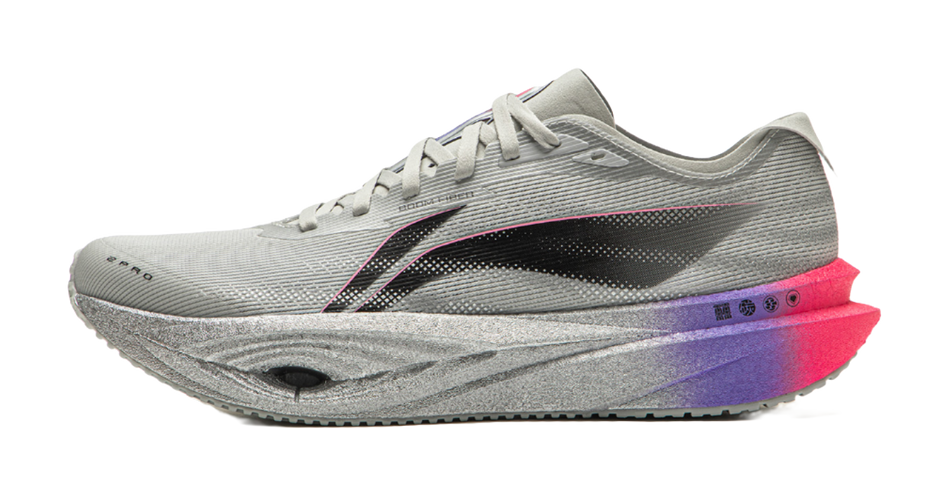 Li Ning low-top running shoes, light gray mesh upper with black side stripe and purple sole