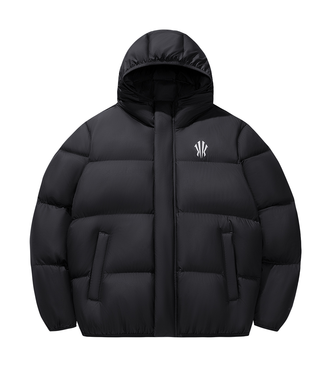 Black hooded puffer jacket with full-length zipper and ANTA logo.