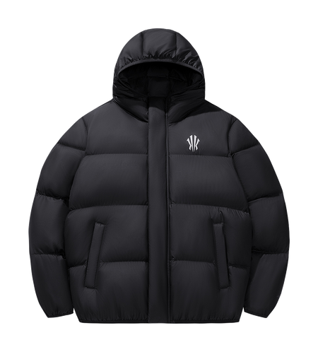 Black hooded puffer jacket with full-length zipper and ANTA logo.