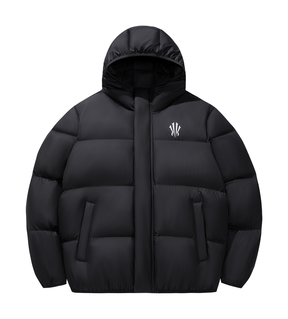Black hooded puffer jacket with full-length zipper and ANTA logo.
