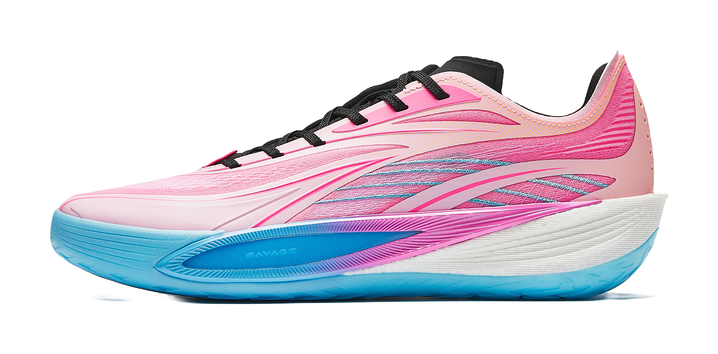 Lightweight pink running shoe with black laces and blue foam sole