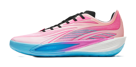 Lightweight pink running shoe with black laces and blue foam sole