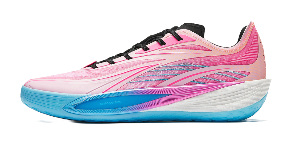 Lightweight pink running shoe with black laces and blue foam sole