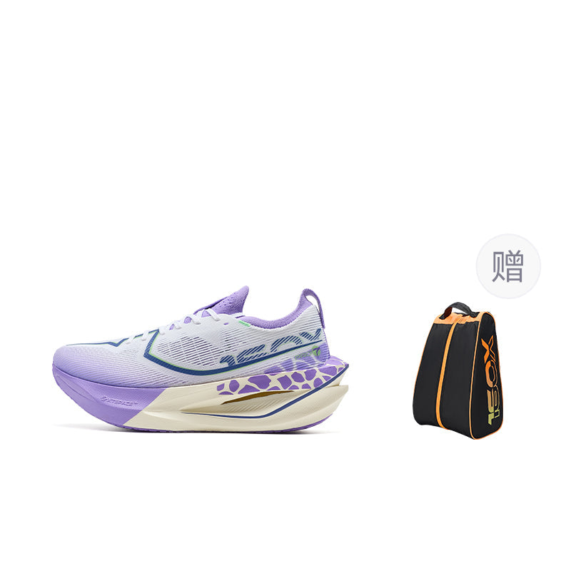Women’s running shoe, white with purple accents, with matching black-and-orange shoe bag