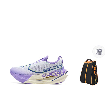 Women’s running shoe, white with purple accents, with matching black-and-orange shoe bag